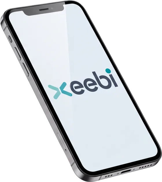 A smartphone showing the xeebi logo, emitting the products