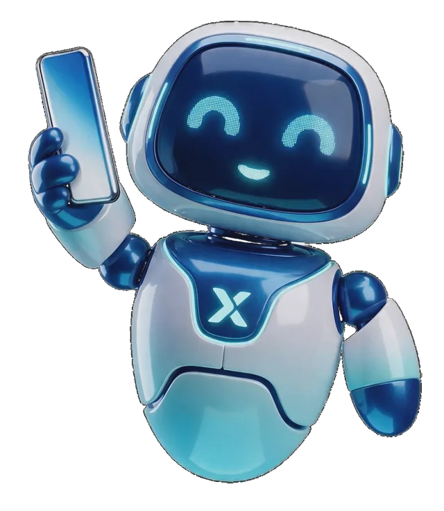 Xeebi robot mascot texting on a phone