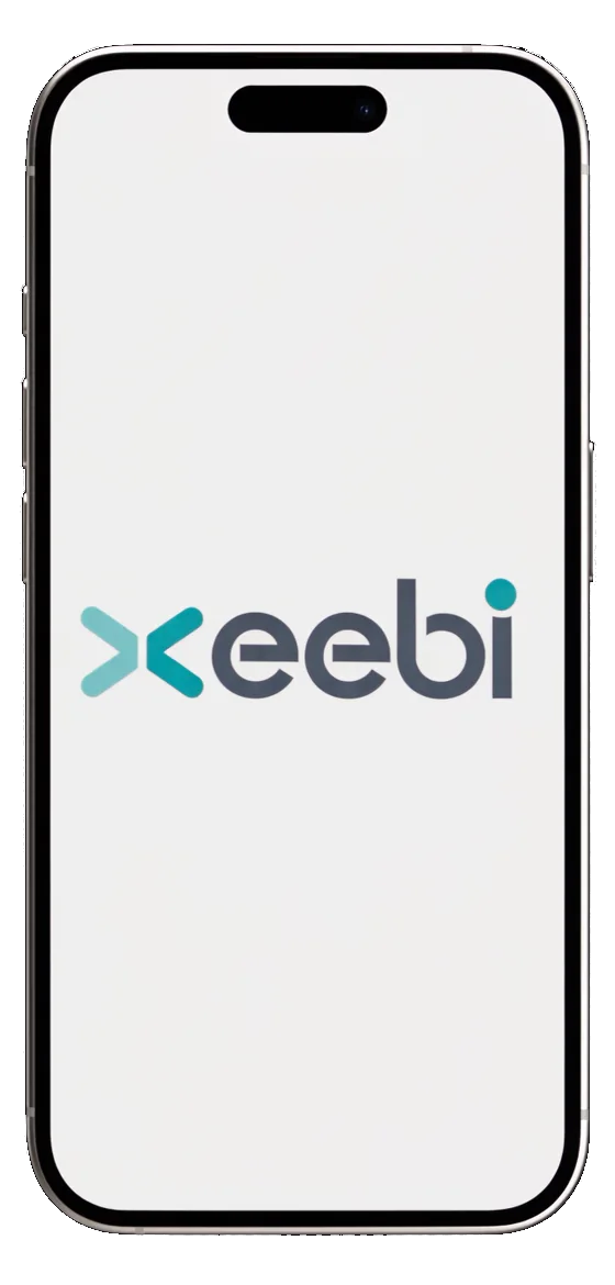 A silver iPhone turning to show the Xeebi logo on its screen
